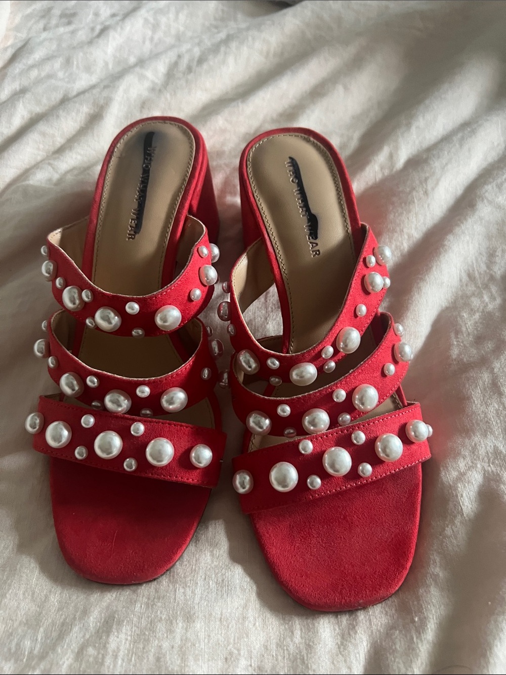Red Pearl-Embellished Strappy Mule Sandals - Women